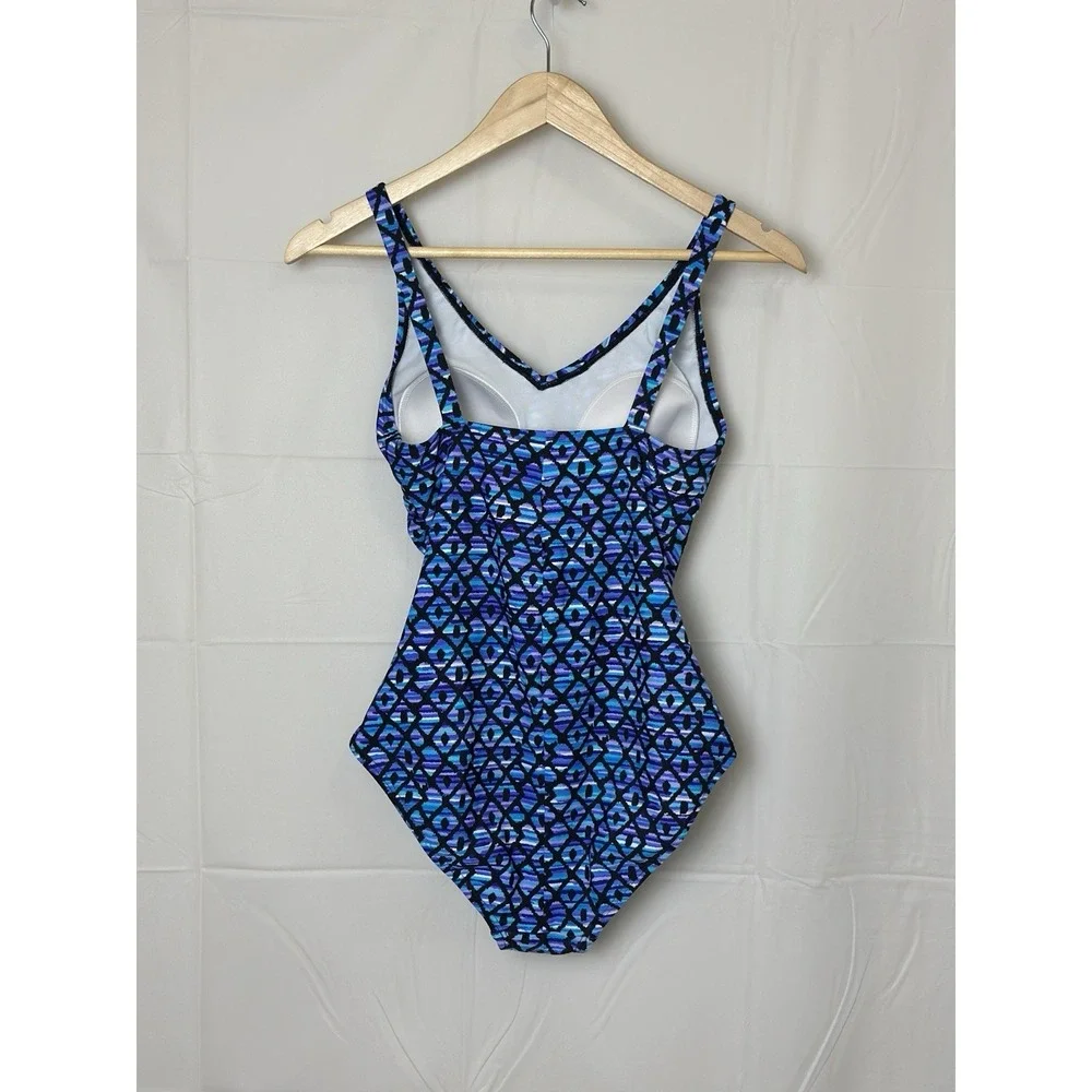 Speedo One Piece Performance Swimsuit Size 8 Blue Purple V Neck Beach Wear